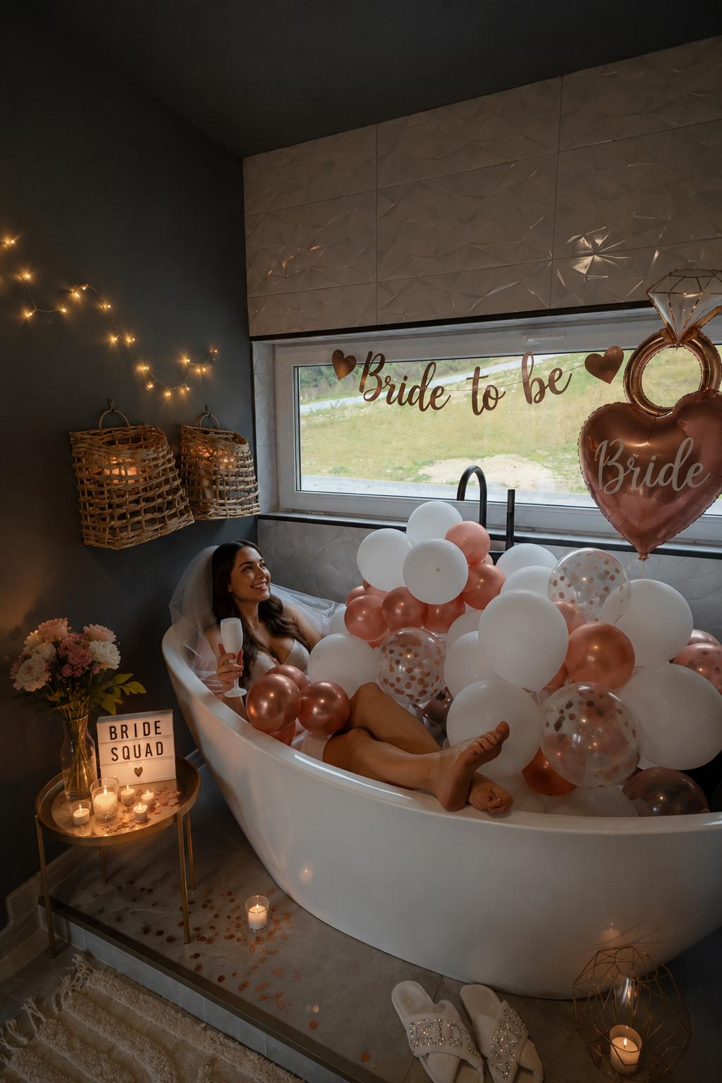 Decor Bride to be in baia Cabanei KayLuna cu baloane, lumanari, flori si detalii pentru mireasa