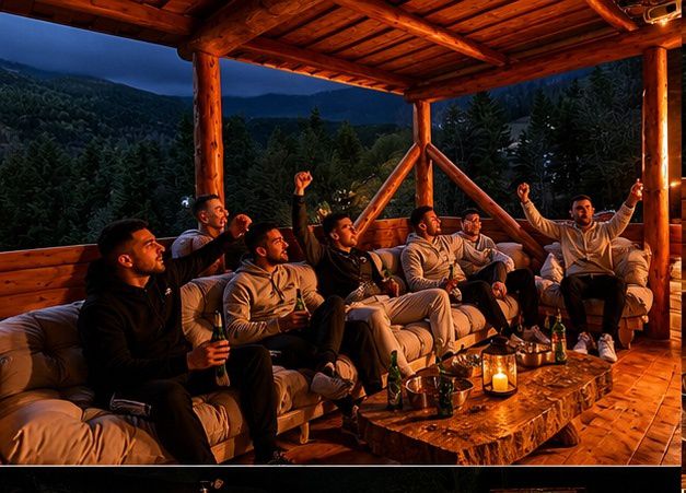 Prieteni in foisor seara la Cabana KayLuna pentru meciurile Campionatului Mondial