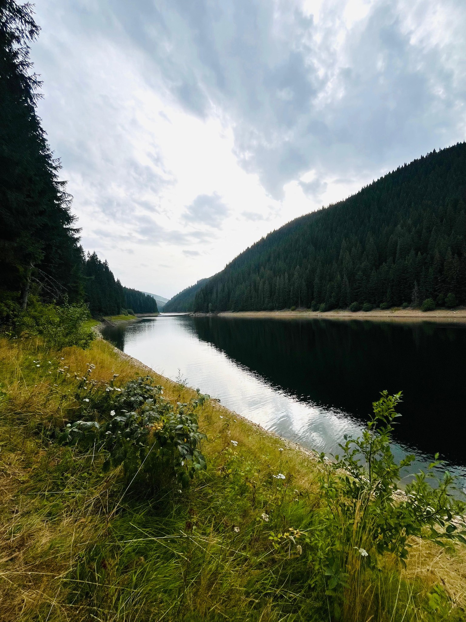 Beliș Seeufer – Springbrunnen und bewaldete Hänge, die sich im Wasser spiegeln